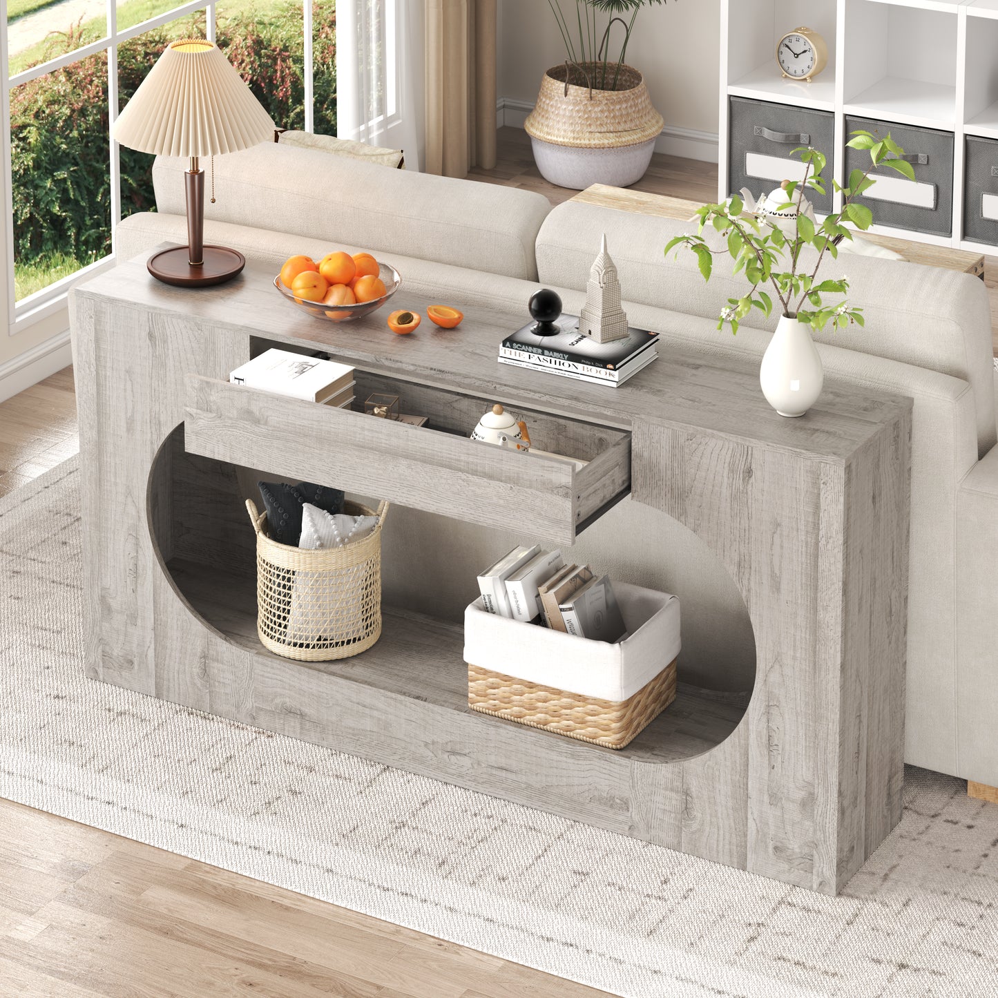 Grey Wood Grain Console Table with Storage Drawer - 63"