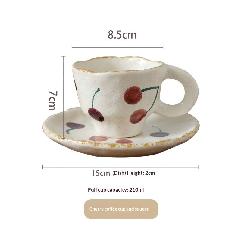 Japanese Style Stoneware Cherry Coffee Cup and Saucer - Vintage Drinkware
