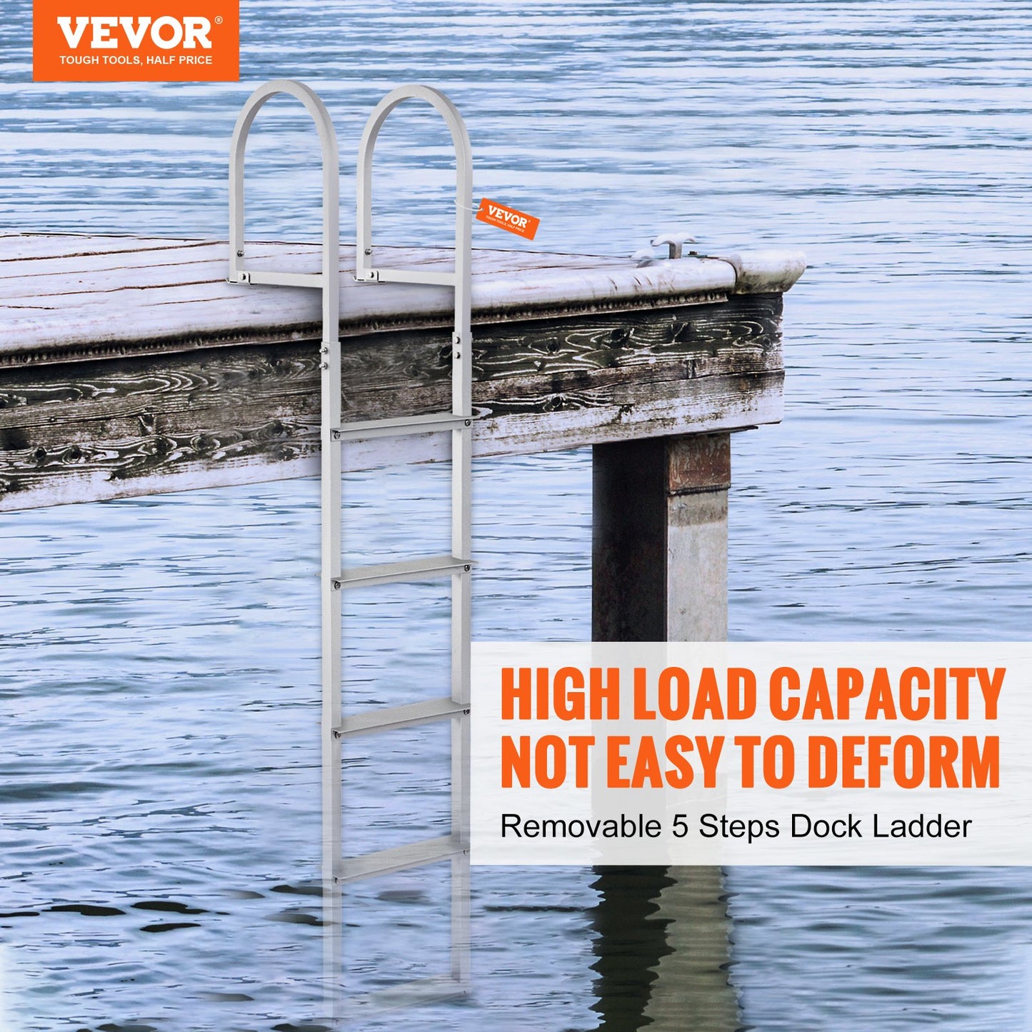 Removable Aluminum Dock Ladder with 5 NonSlip Steps, 500 lbs Capacity, Silver