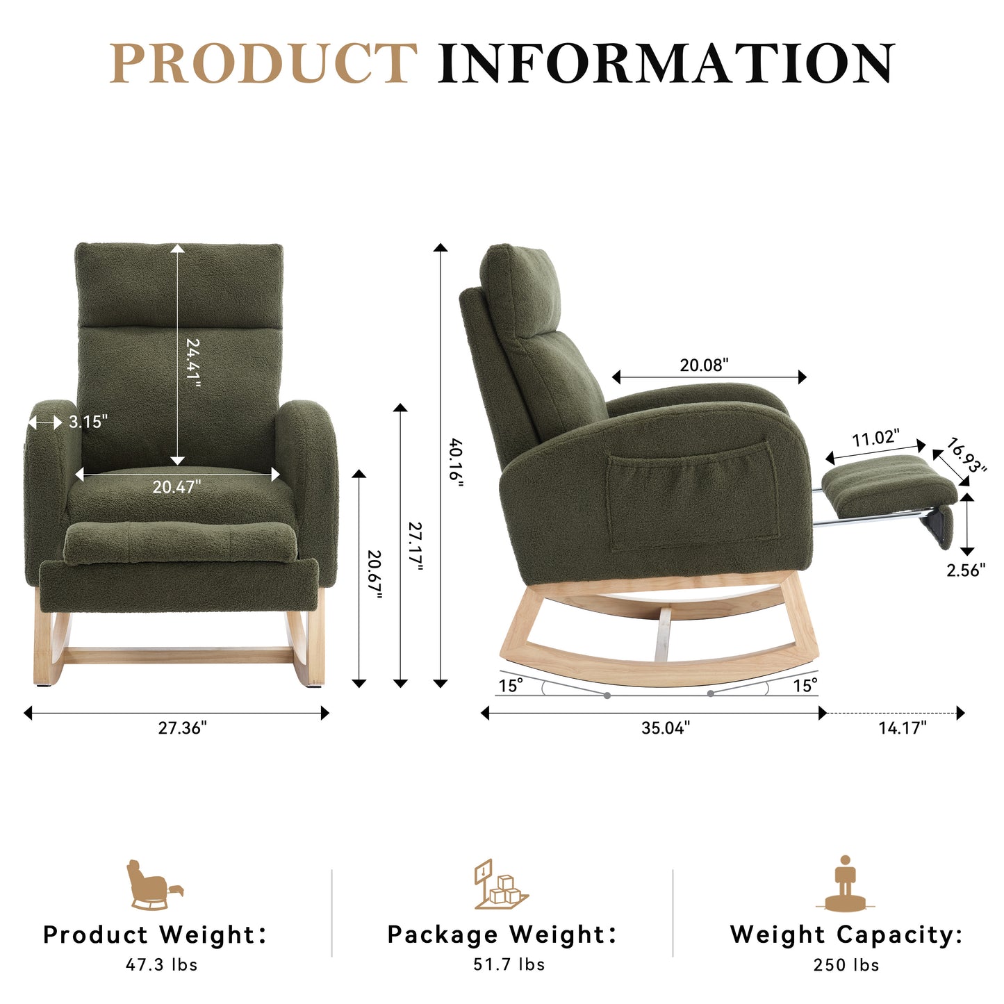 Teddy Fabric Rocking Chair with Adjustable Footstool - Green