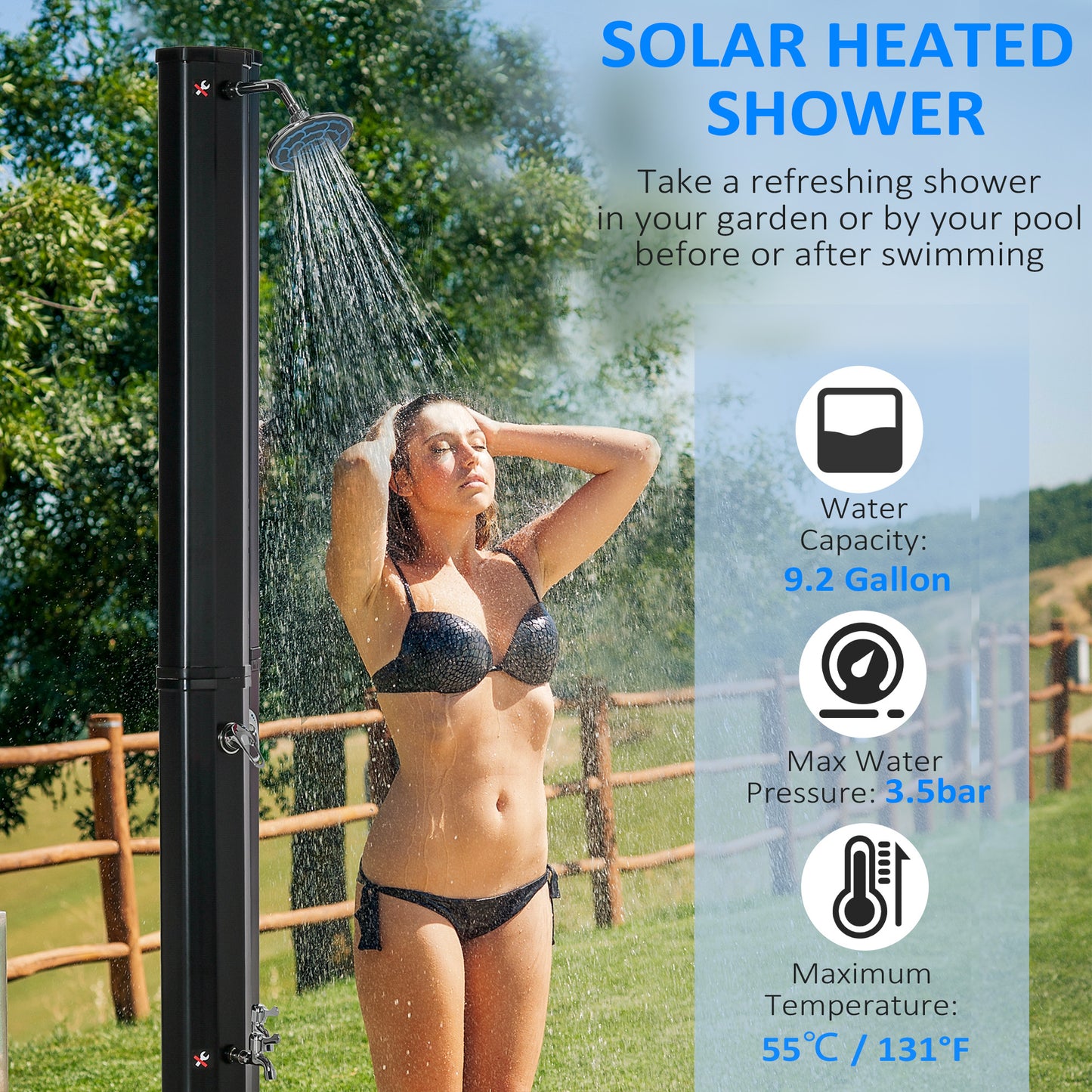 7ft Outdoor Solar Heated Shower with Adjustable Temperature & Pressure
