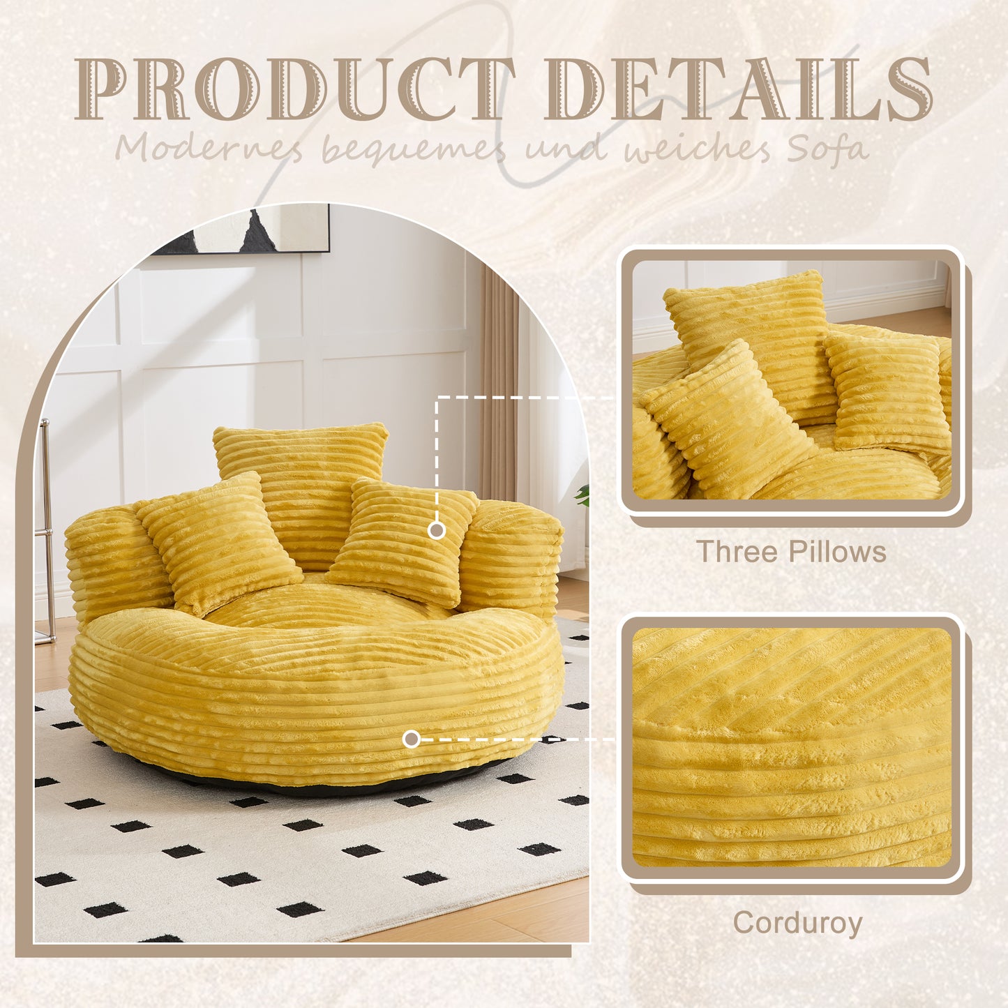 Oversized Corduroy Bean Bag Chair with 3 Pillows - Mustard Yellow