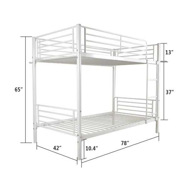 Iron Bed Bunk With Ladder For Kids Twin Size White