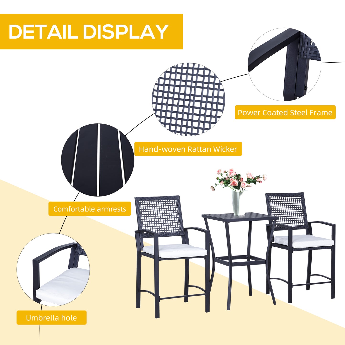 3-Piece Rattan Wicker Patio Bar Set with Cushions - Black