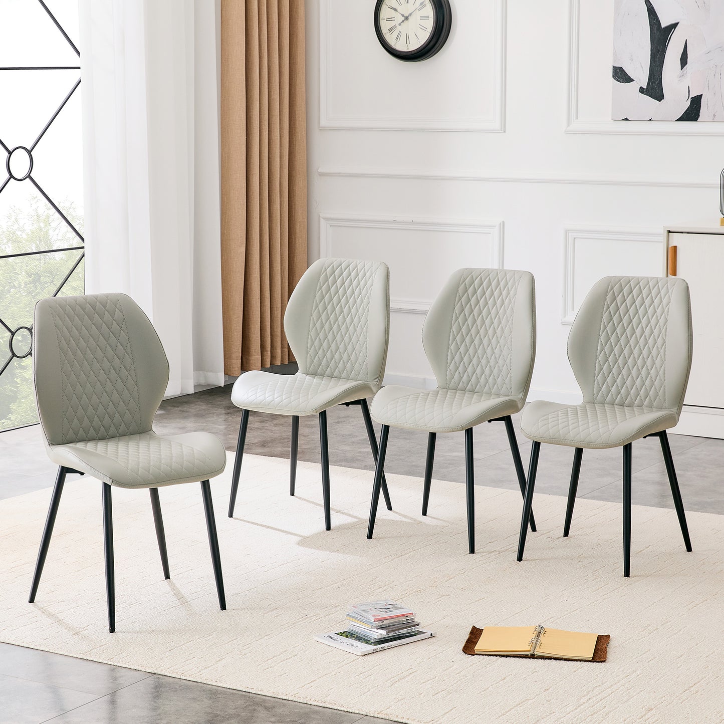 Set Of 4 Modern Light Luxury Gray Diamond-quilted PU Chairs With