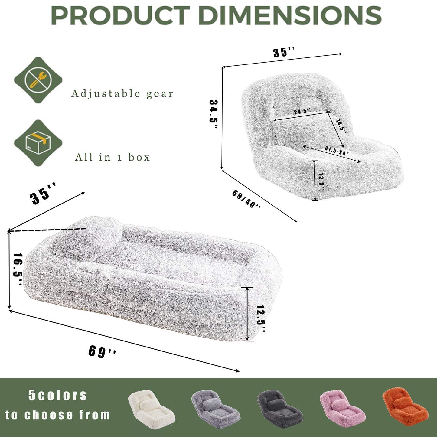 Adjustable Lazy Sofa Bed - Plush Fabric, Pink