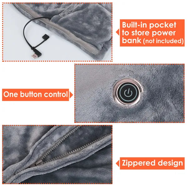 USB Heated Blanket Poncho - 59" x 31" Soft Flannel Wrap