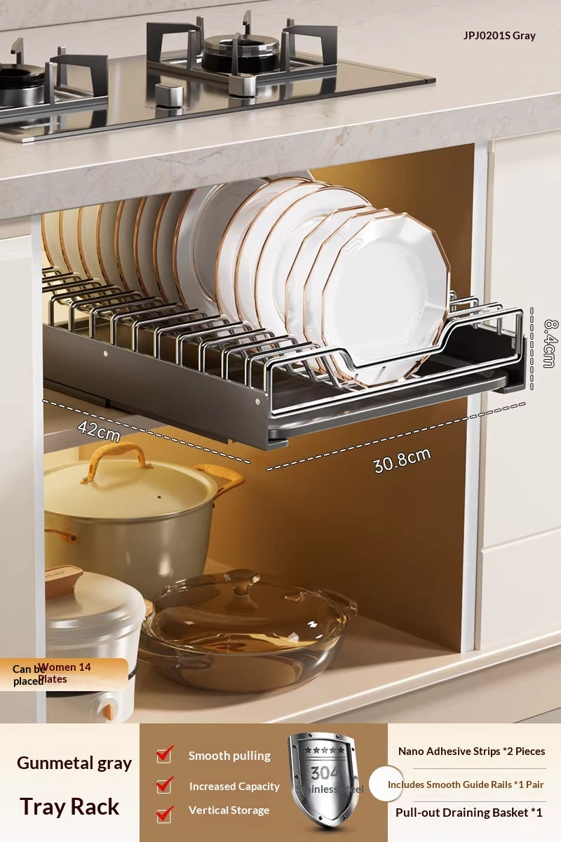 Stainless Steel Kitchen Drawer Pull-Out Dish Rack Storage Organizer