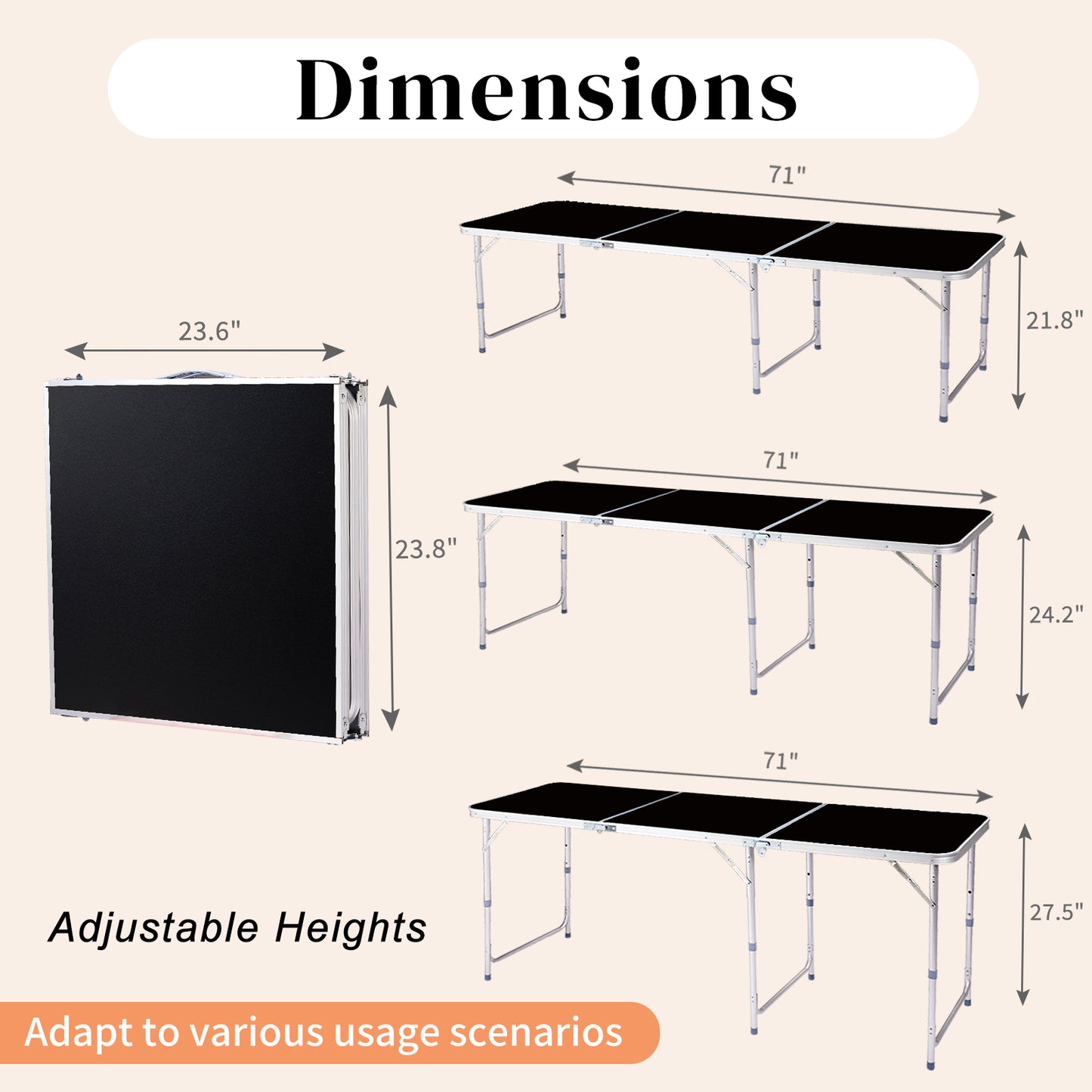6ft Portable Folding Table - Adjustable Height Aluminum Alloy