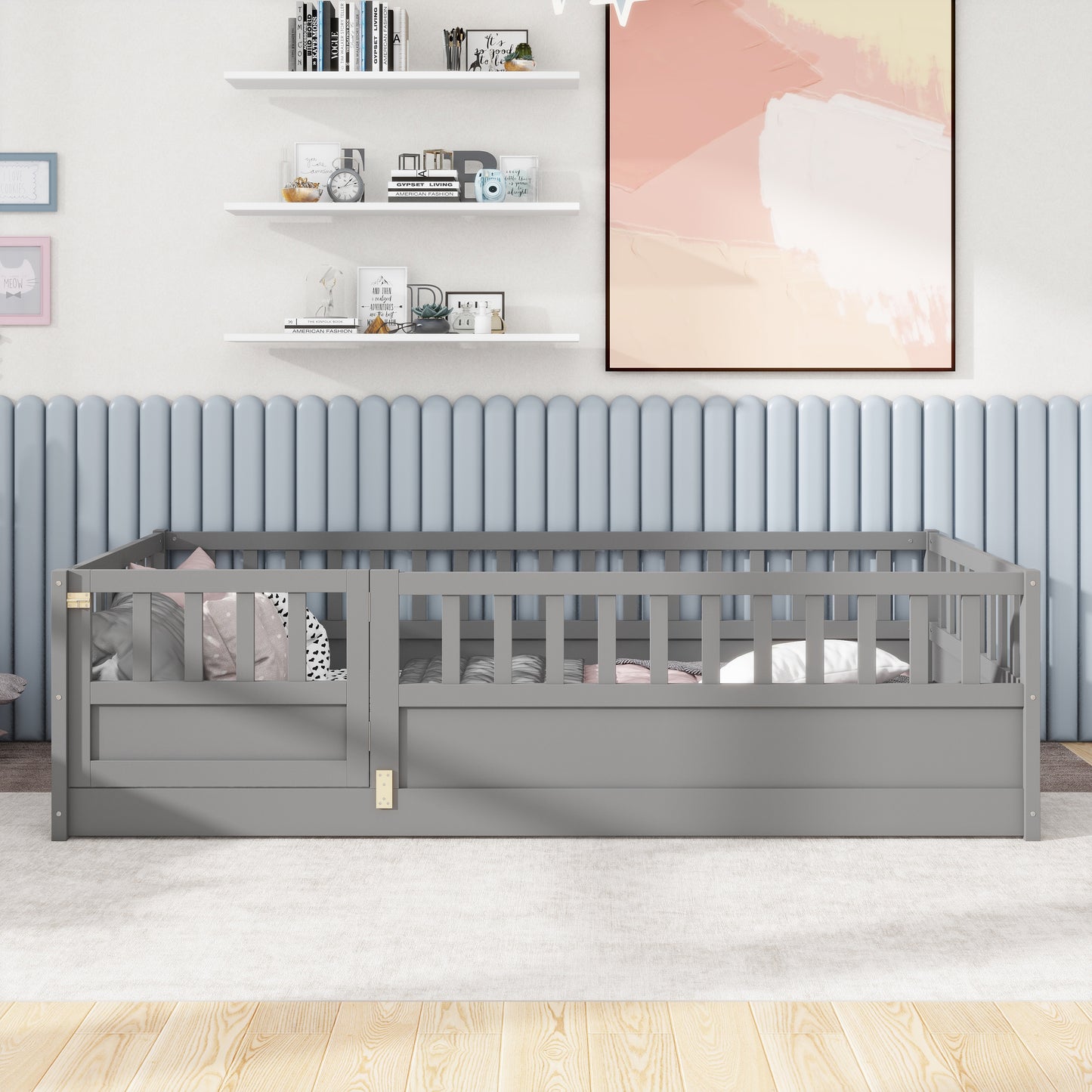 Twin Size Montessori Floor Bed Frame with High Security Barrier - Grey