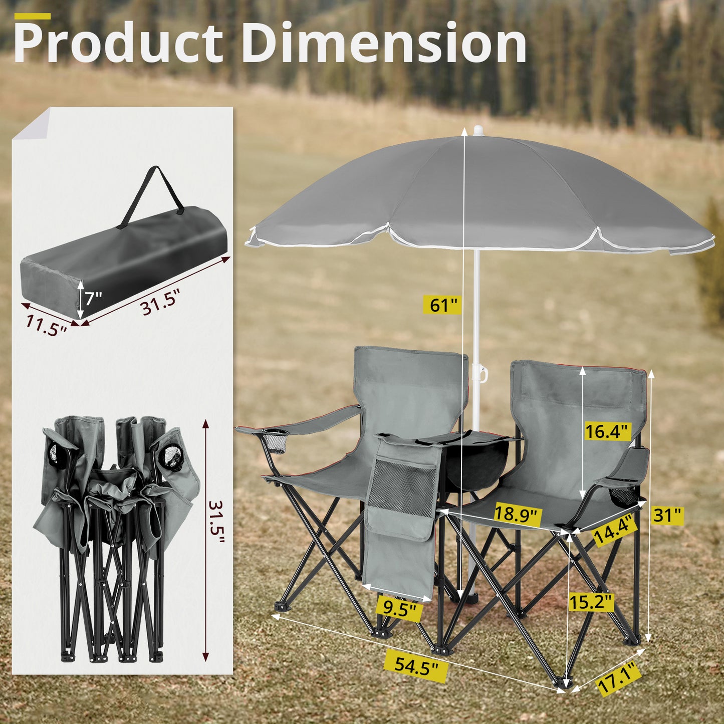 Portable Outdoor 2-Seat Folding Fishing Chair with Umbrella