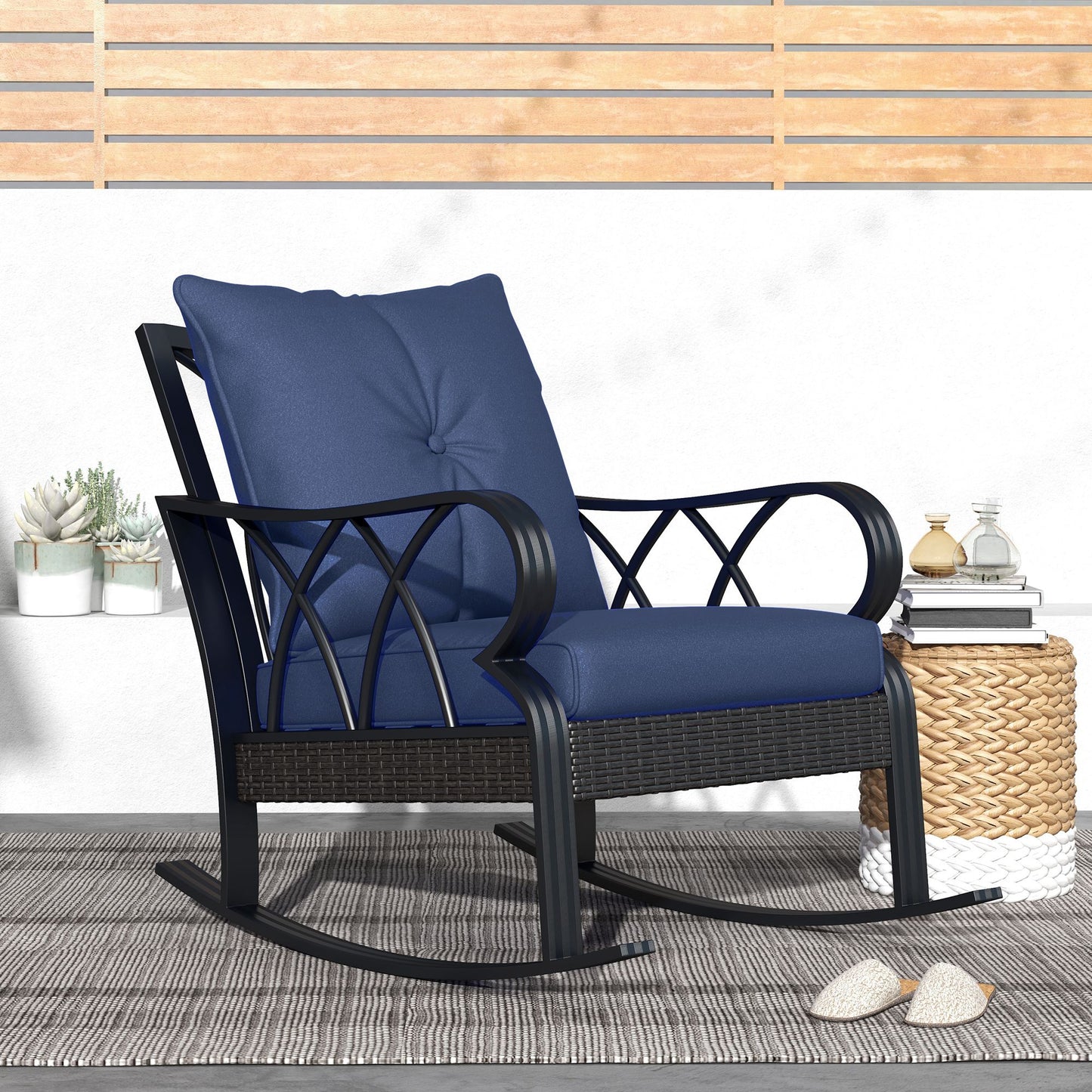 Navy Blue Outdoor Wicker Rocking Chair with Cushions