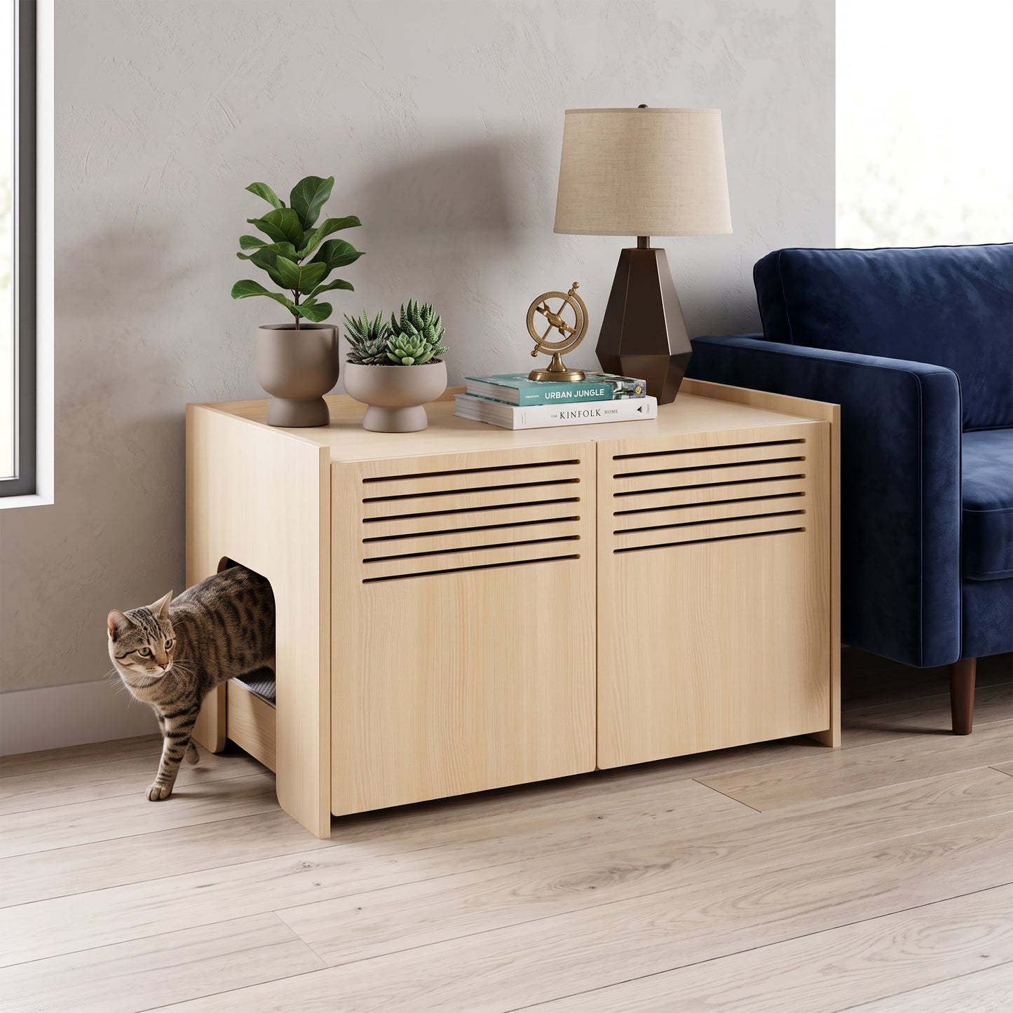 Wooden Cat House with Scratching Pad and Hidden Litter Box, Spacious Pet Furniture