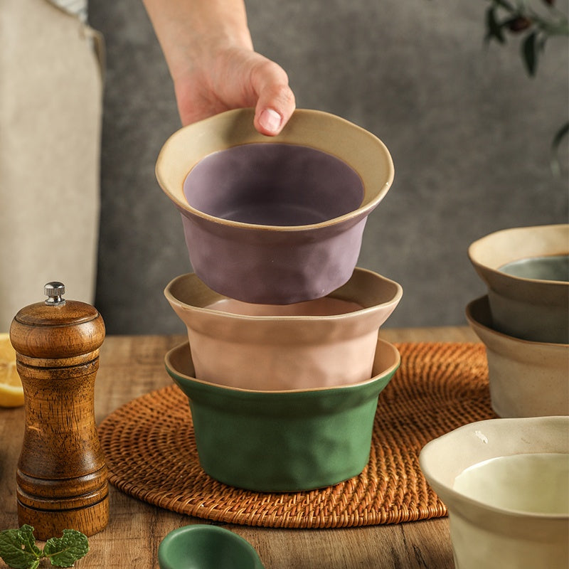 Retro Ceramic Kitchen Bowl Set with Spoons - Handmade Stoneware Dinnerware