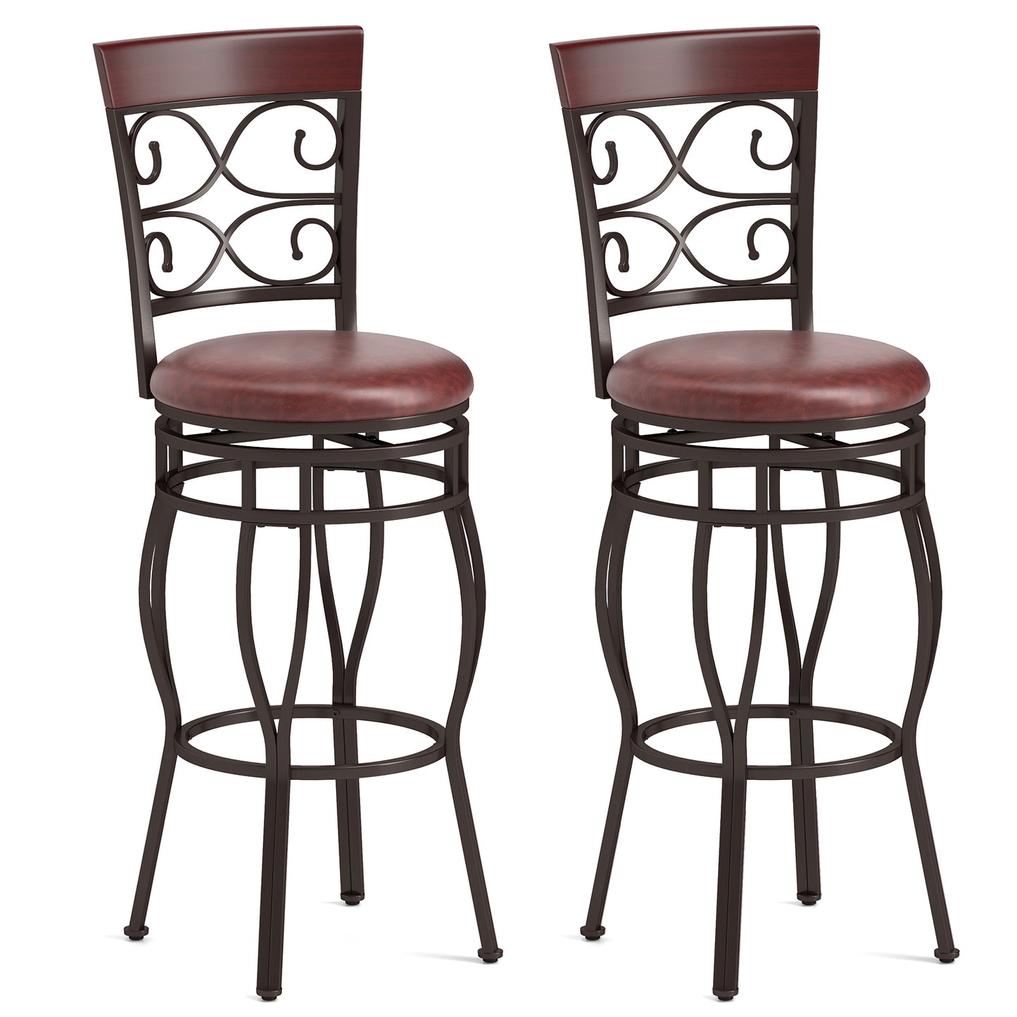 30-Inch Swivel Bar Stools with Leather Padded Seats - Brown Set of 2