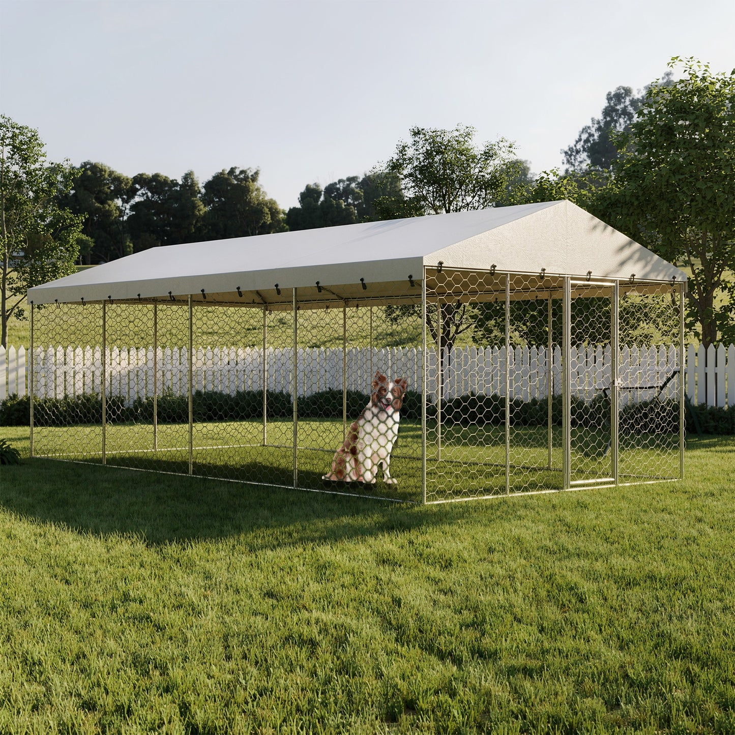 Large Outdoor Dog Kennel with Canopy - Heavy Duty Galvanized Steel Frame, Waterproof Cover, All-Weather Escape-Proof Pet Pen for Large Dogs