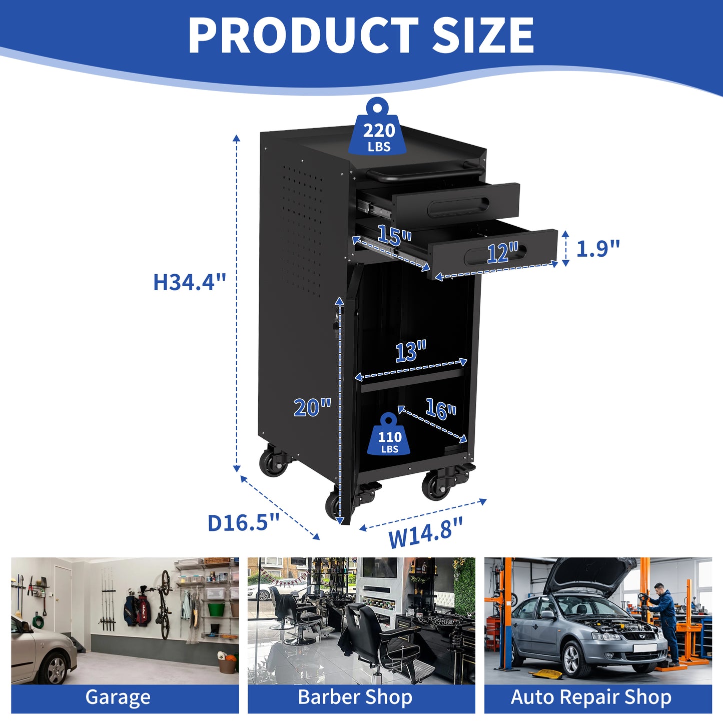 34.3 Narrow Rolling Tool Cabinet - Space-Saving Garage Storage With