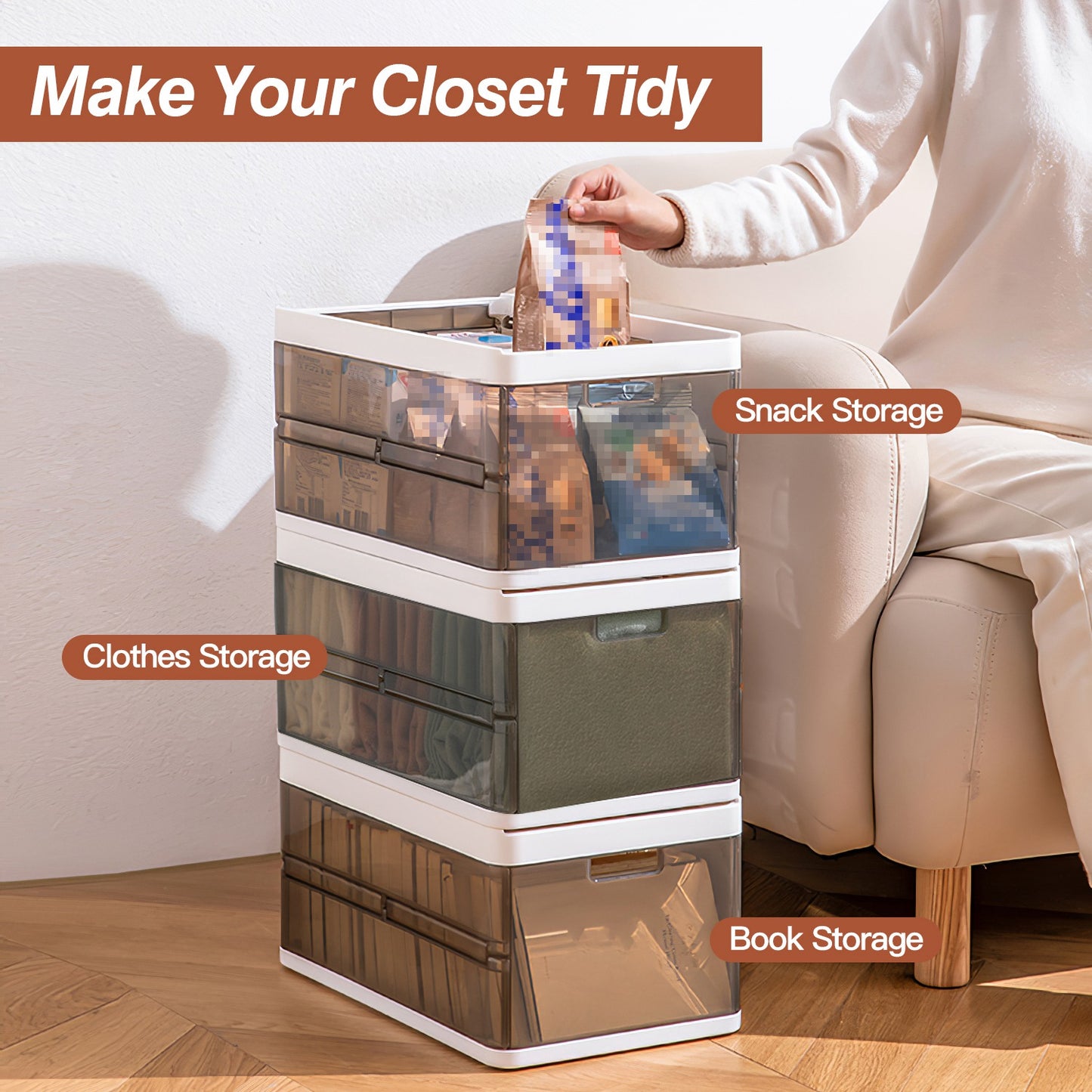 3 Pack Foldable Storage Bin With Lid Stackable Plastic Closet