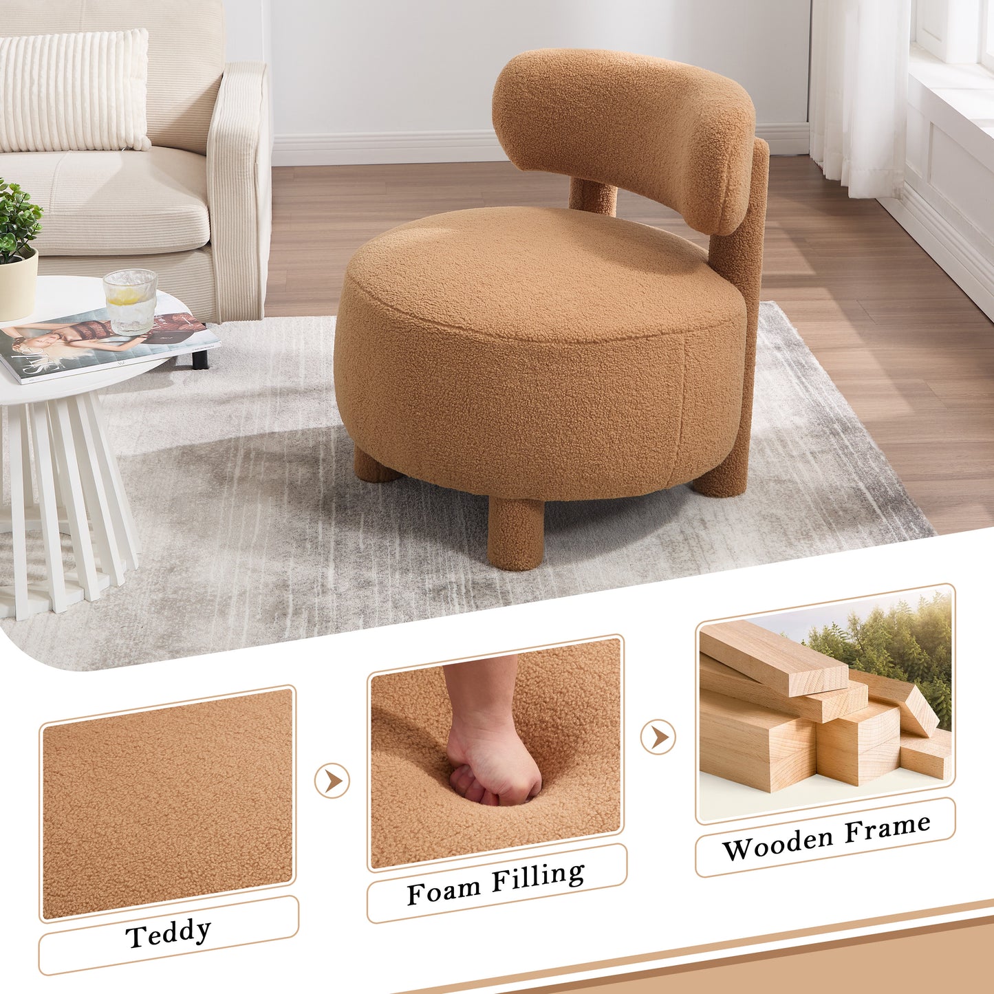 Teddy Fabric Armless Accent Chair with Curved Backrest - Khaki