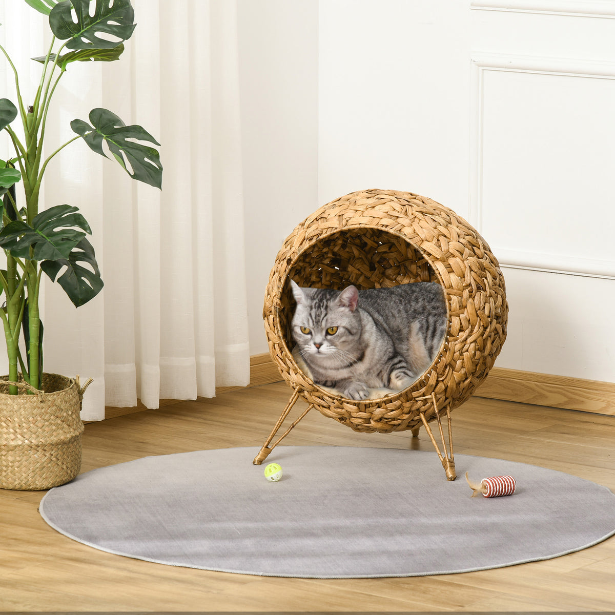 Natural Weaved Cat Bed - Elevated Hand-Woven Banana Leaf Condo with Cushion