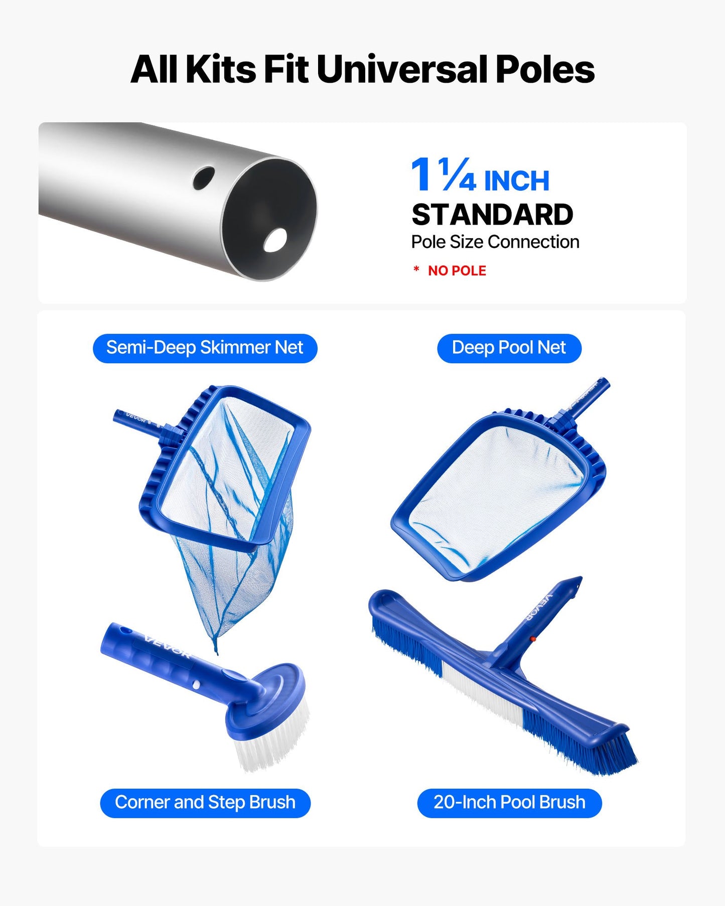 Swimming Pool Cleaning Kit with Leaf Skimmer Nets & Brush Heads - Blue