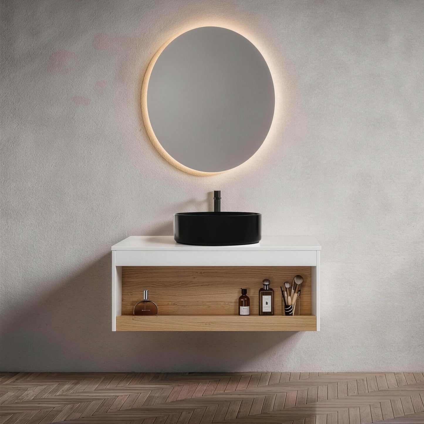 36" Floating Bathroom Vanity with Round Sink & Open Shelf - Black, White, Light Oak