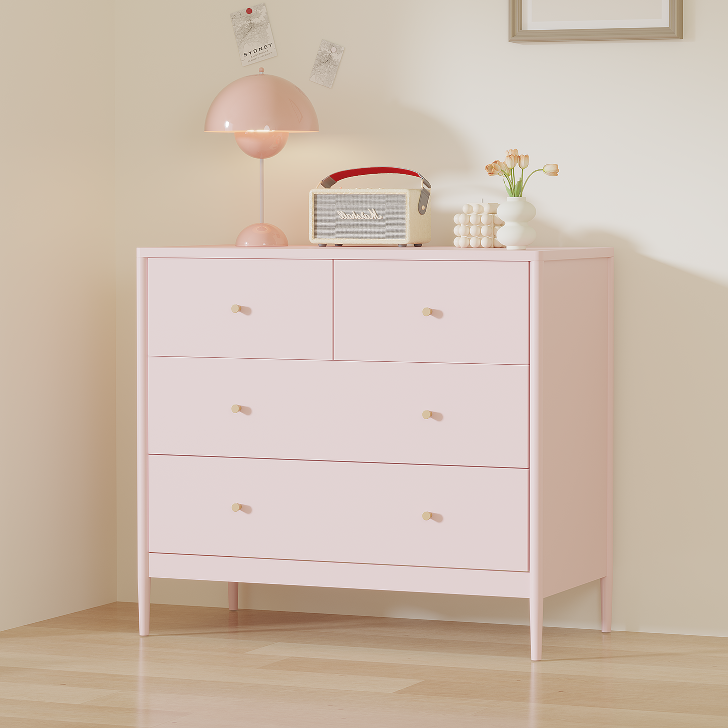 Pink 4-Drawer Wooden Kids Dresser - Modern Storage Cabinet