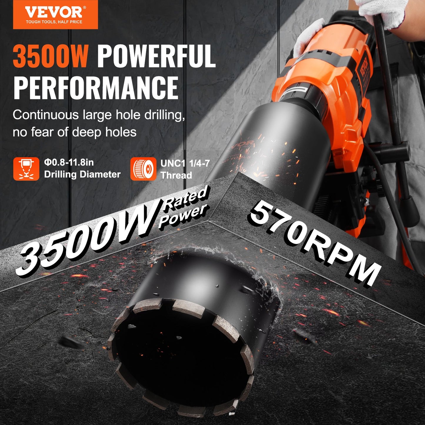 3500W Diamond Core Drill Machine 0.8-11.8in Diameter with Stand - Power Tool