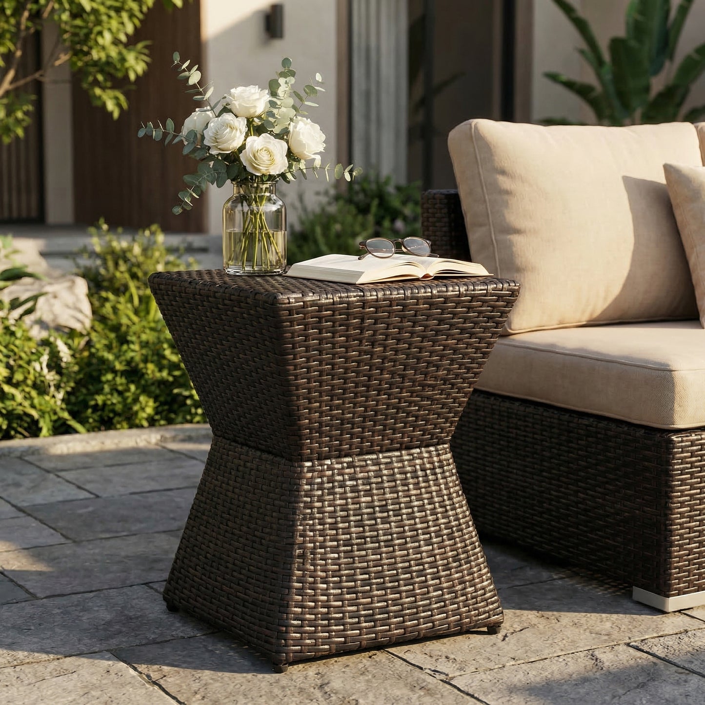 Outdoor Wicker End Table - Brown Multi, 16"
