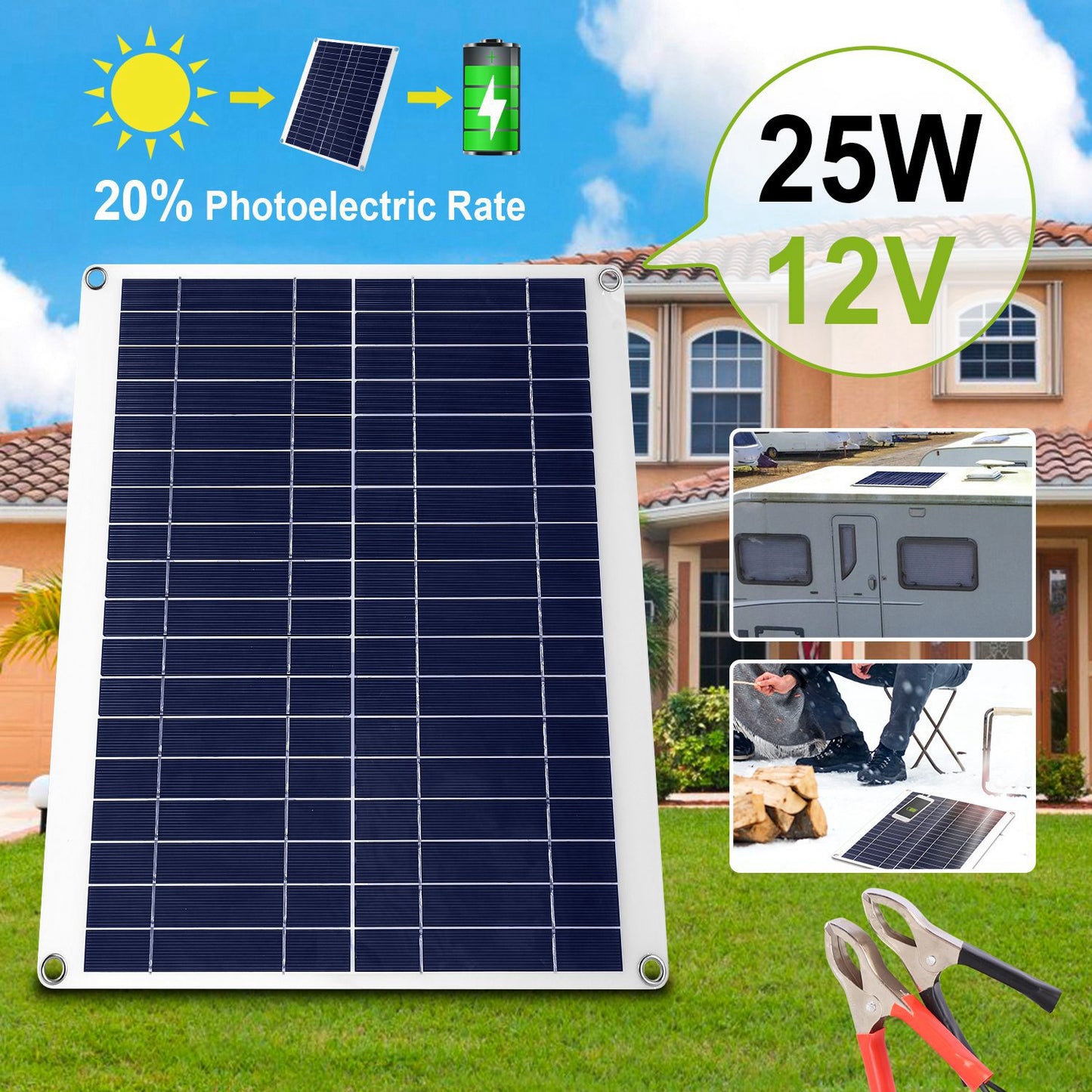 12V 25W Outdoor Solar Panel Battery Charger with Dual USB Ports