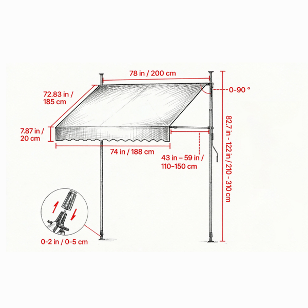 78-Inch Manual Retractable Patio Awning with Adjustable Height & Canopy