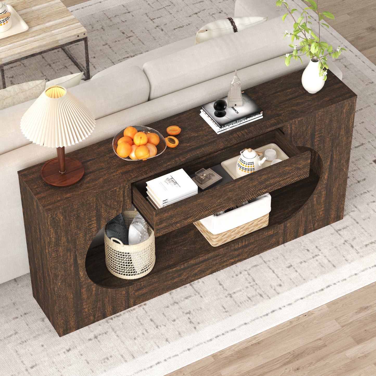 Narrow Walnut Wood Grain Console Table with Drawer - 63"