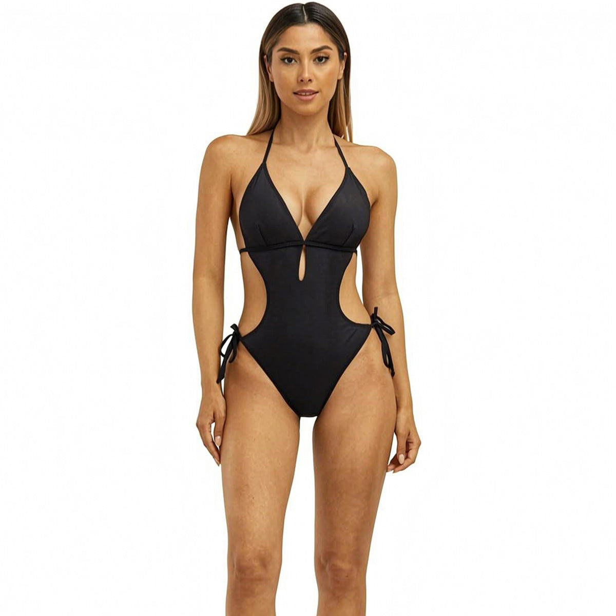 Halter Cutout One-Piece Swimsuit - Deep V Keyhole Design