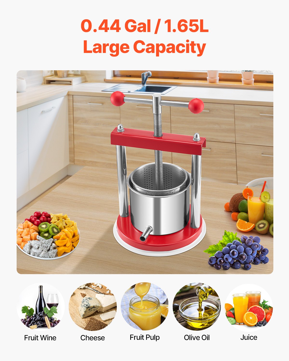 Manual Fruit Wine Press - 1.65L Stainless Steel Juicer