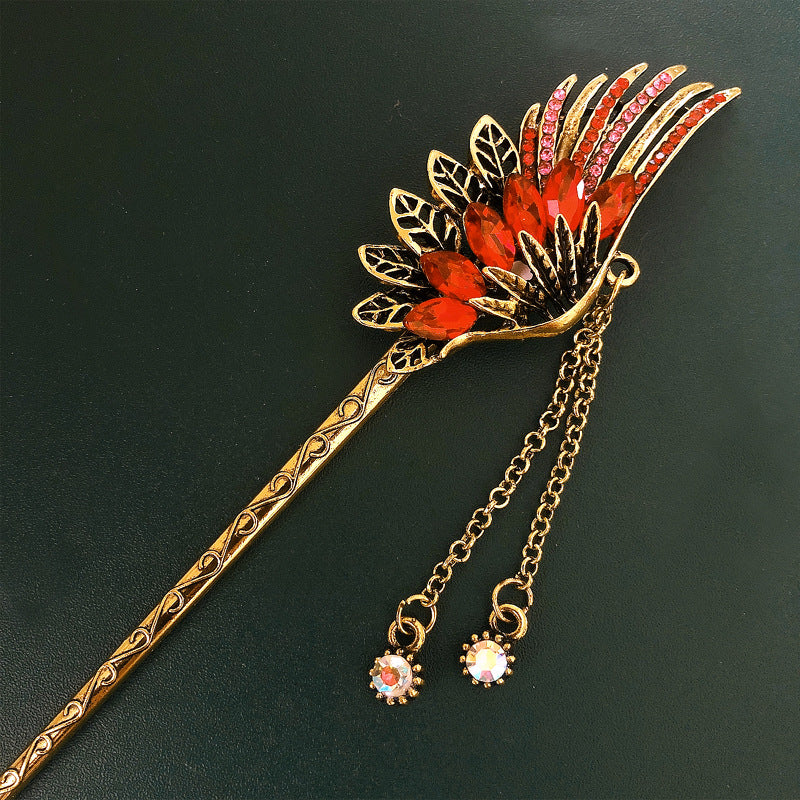 Feather Rhinestone Vintage Hanfu Hairpin with Tassel Coil