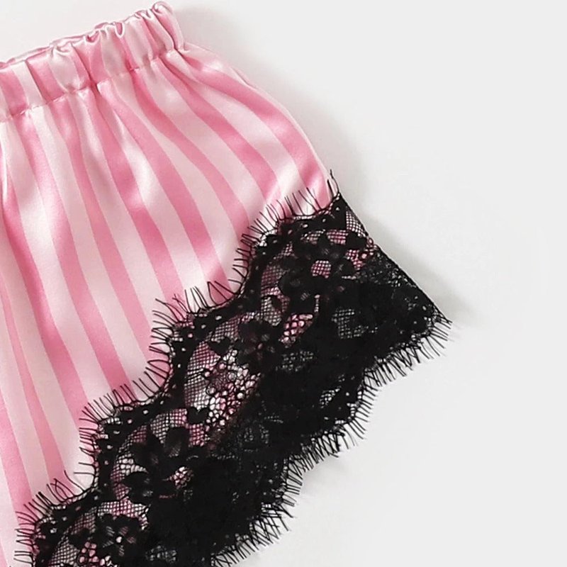Lingerie Satin Striped Coat Lace Bra Underwear Set - Women’s Sexy Sleepwear