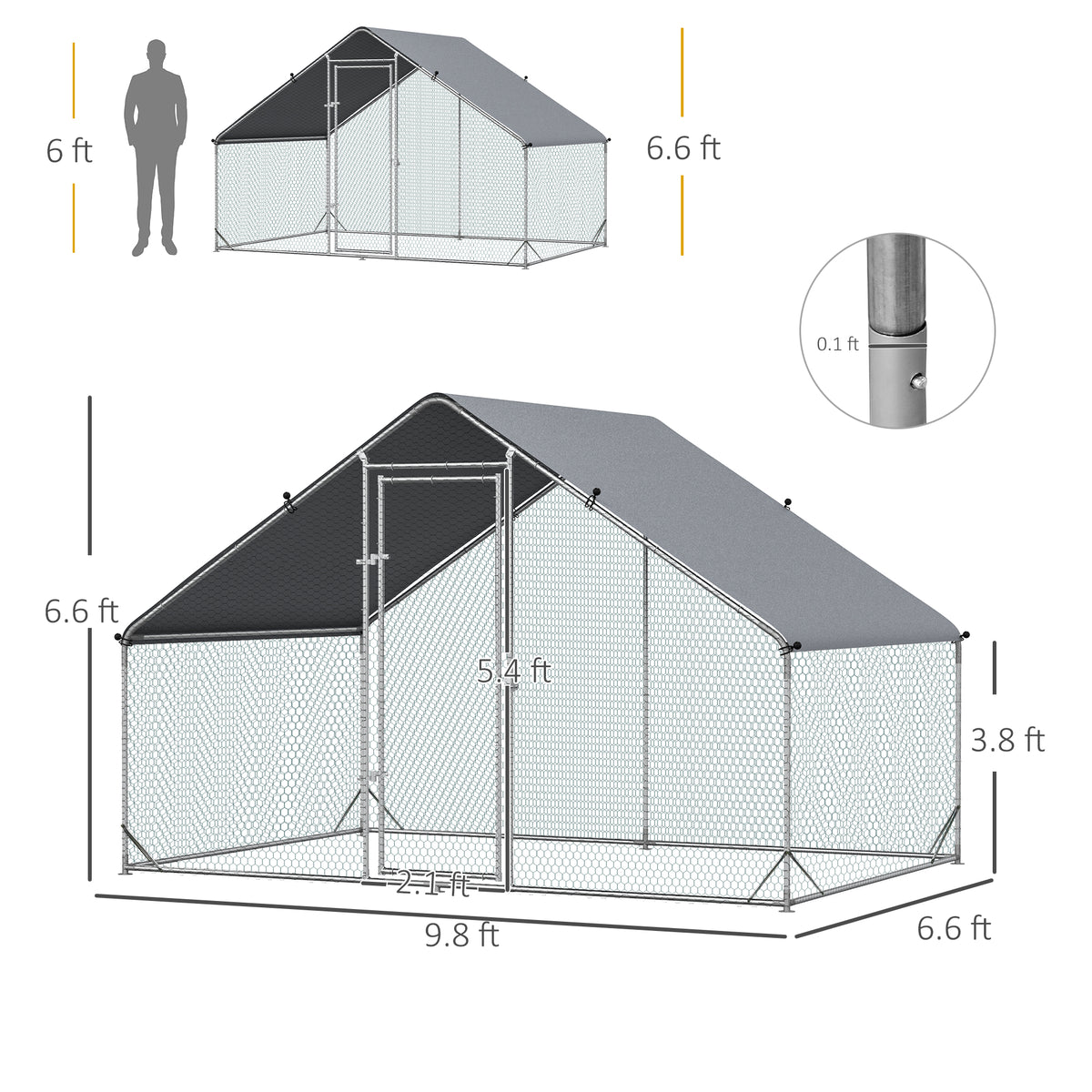 Large Metal Chicken Coop with Waterproof Cover & Walk-In Fence 1980x280x160mm