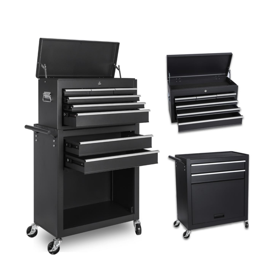 8-Drawer Rolling Tool Chest with Detachable Top Storage - Black