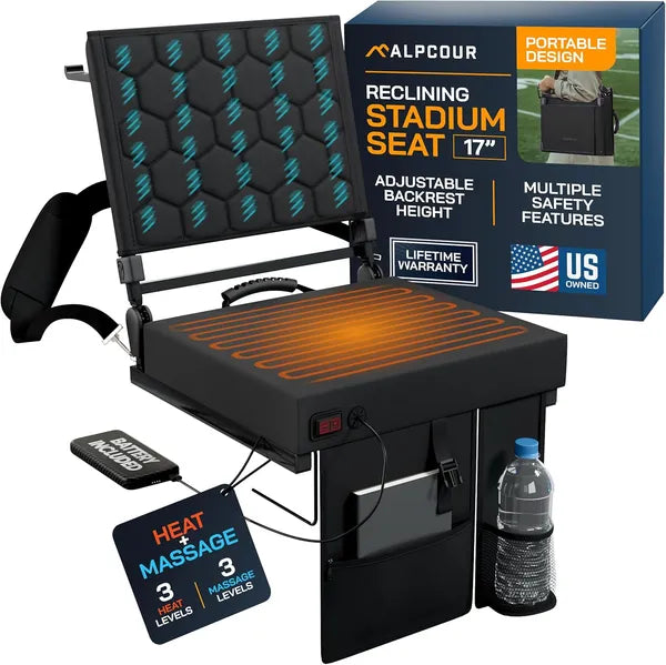 Heated Massage Reclining Stadium Seat with Back Support - Black
