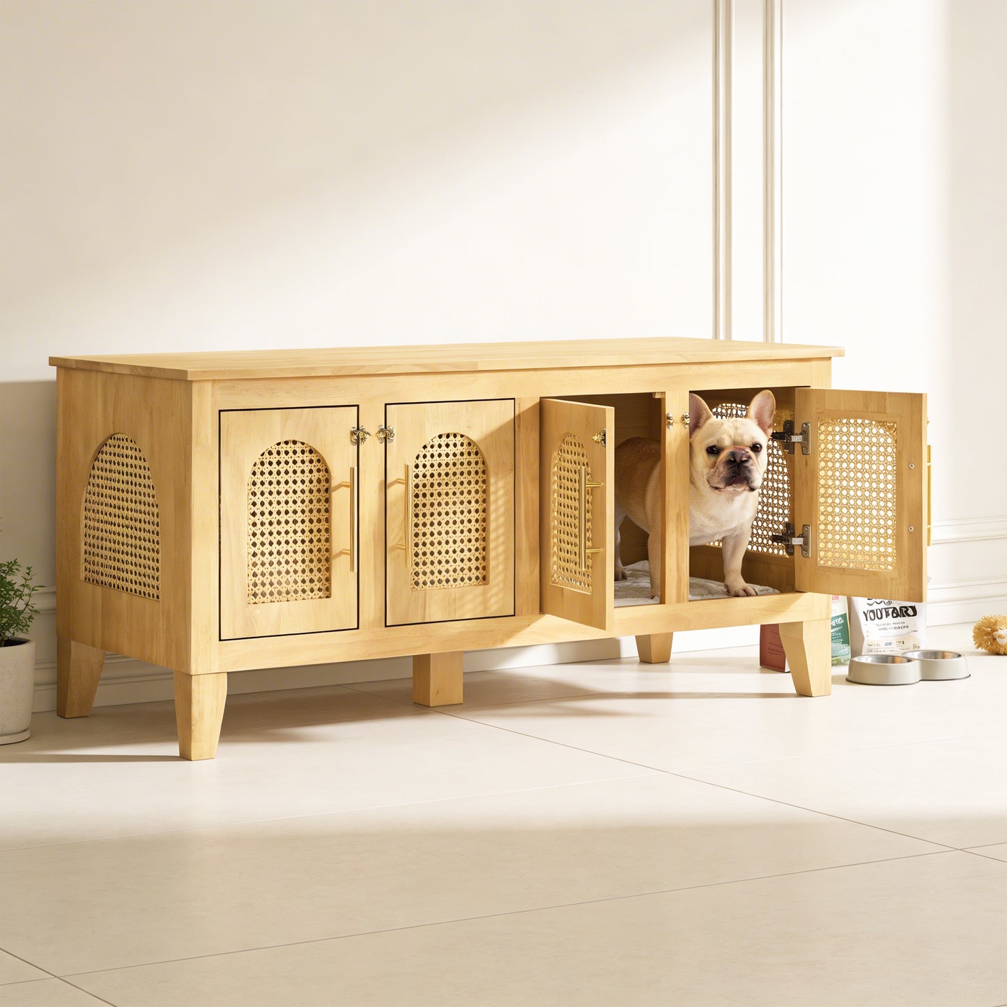 Lars Indoor Rattan Decorated Rubber Wood Dog Crate Cabinet -Stylish