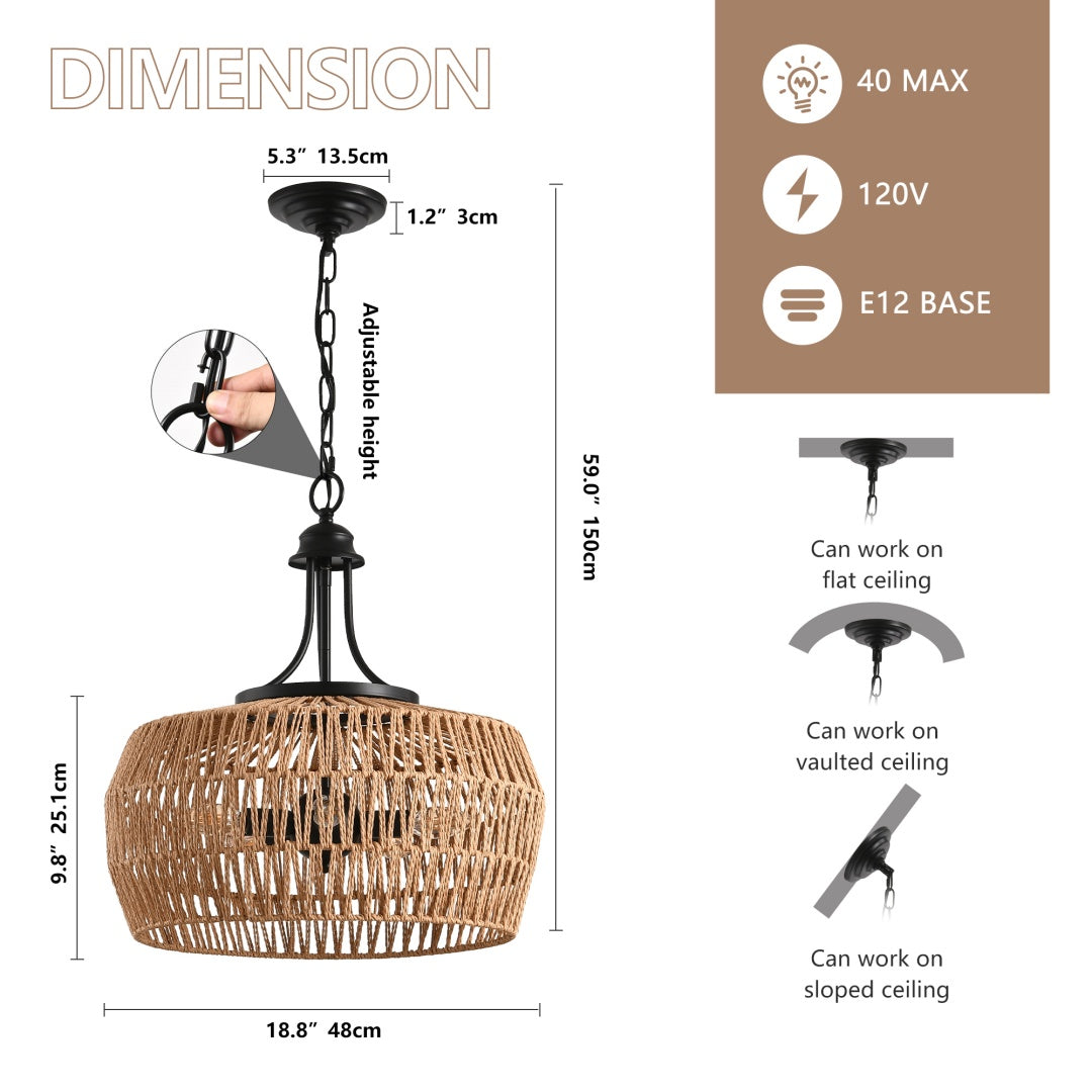 Boho Hemp Rope Pendant Light - Hand-Woven Jute Ceiling Fixture