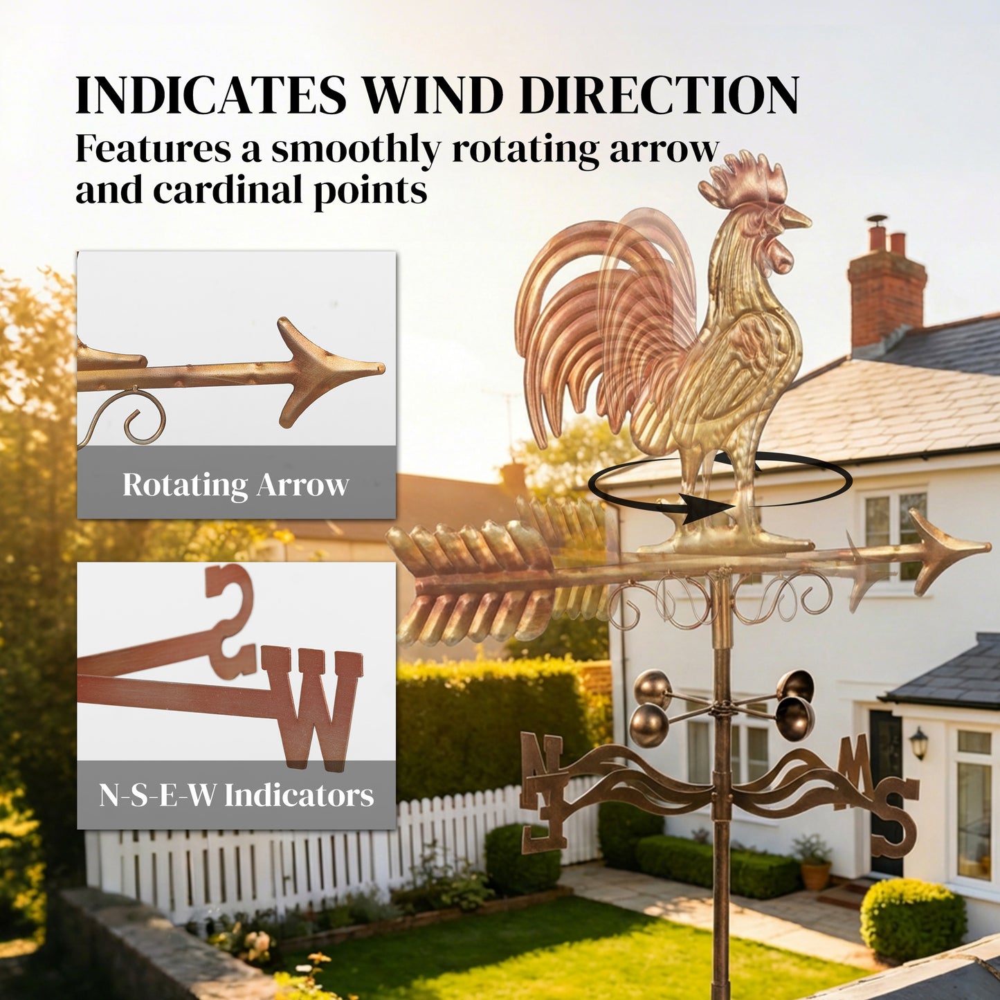 Metal Rooster Weathervane - Rustic Outdoor Wind Direction Indicator