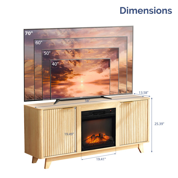 Oak Fireplace TV Stand with 18-Inch Insert and Double Grid Doors