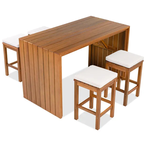 5-Piece Outdoor Bar Set with Cushions - Acacia Wood Table & Stools