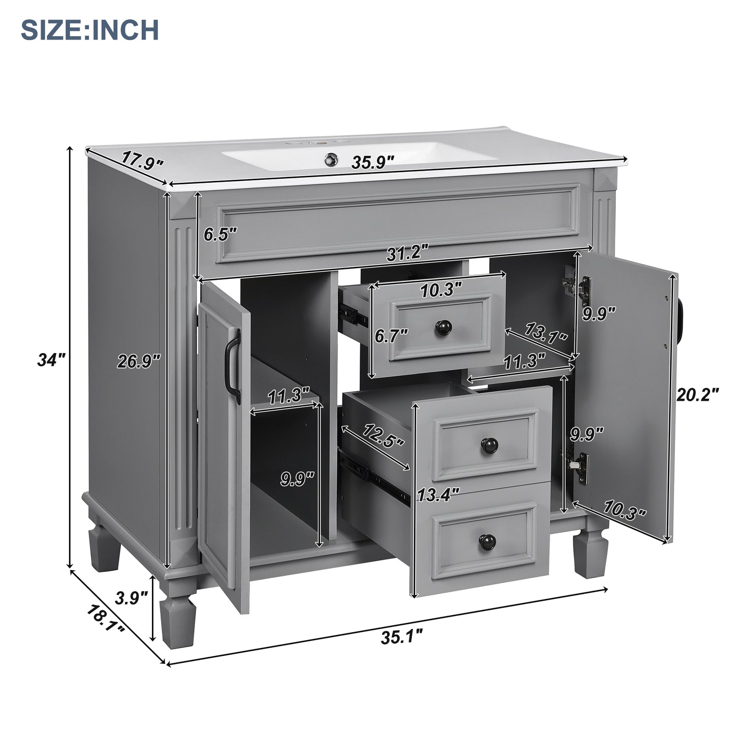 36-Inch Modern Bathroom Vanity with Top Sink - Grey
