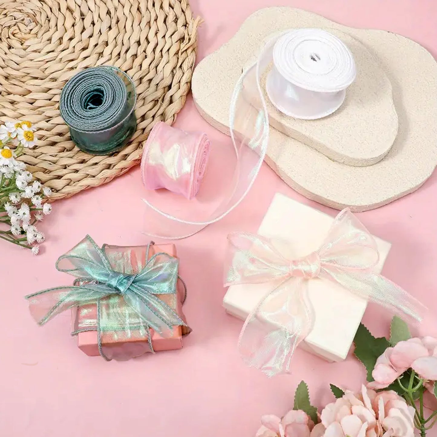 10 Yard Shimmer Sheer Organza Ribbons - 5 Rolls in 5 Colors