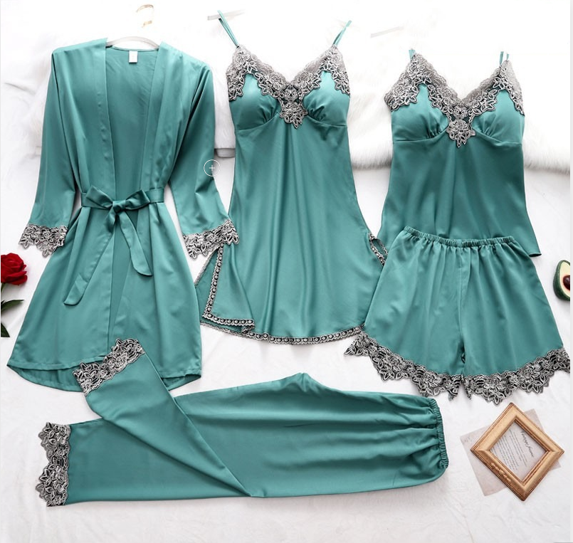 Thin Ice Silk Nightdress Pajama Set - 5-Piece Suit for Ladies