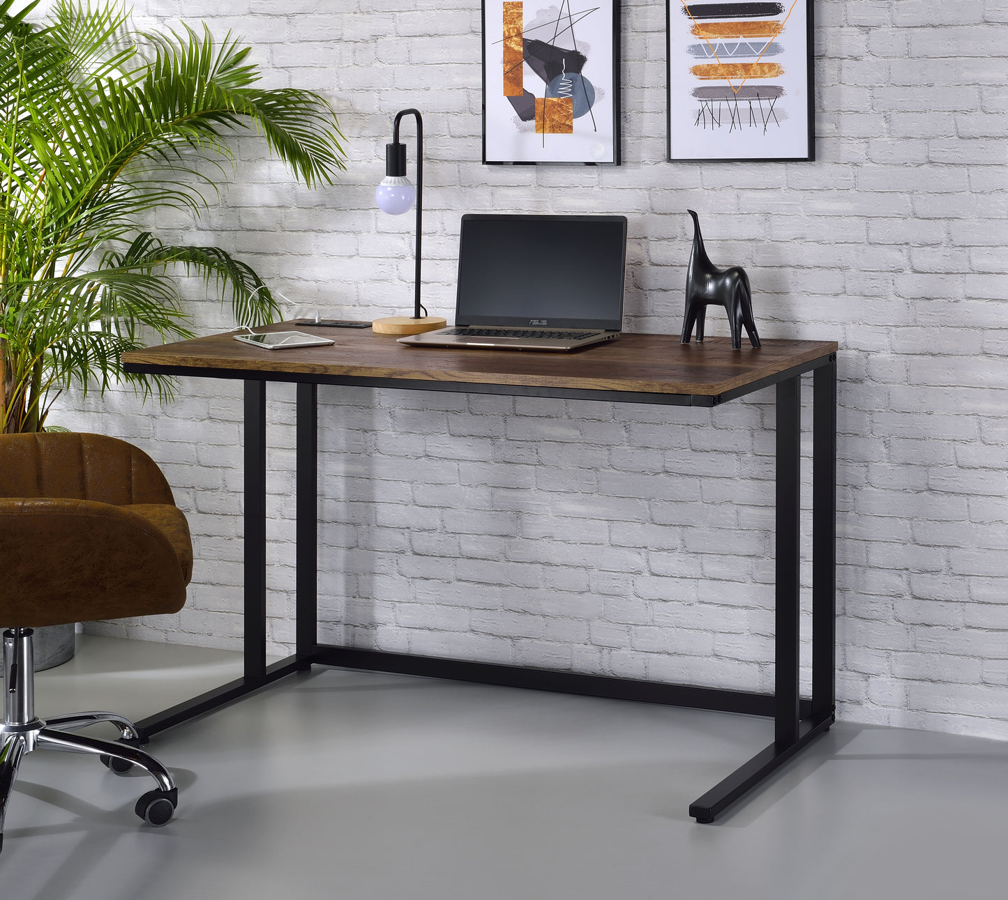 Walnut & Black Finish Writing Desk with USB Port - 47"
