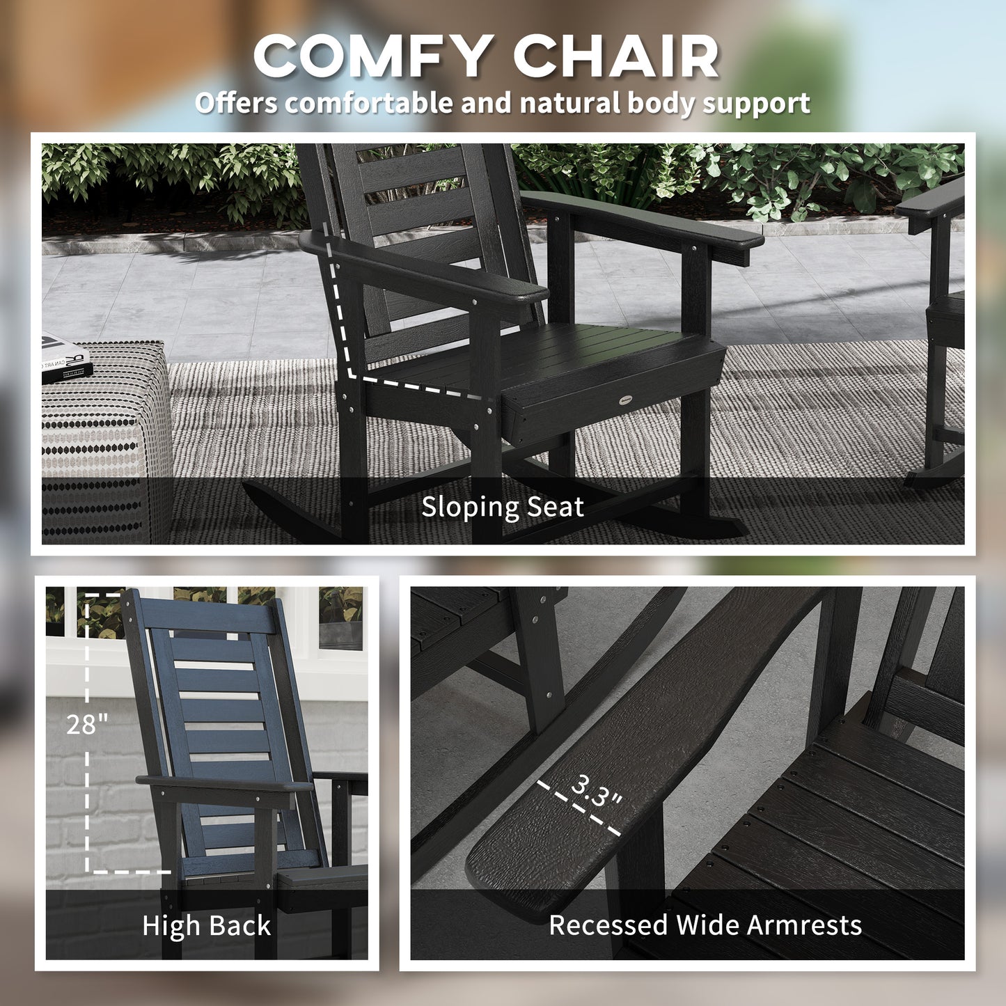 2-Piece Outdoor Rocking Chair Set - Black HDPE Rockers