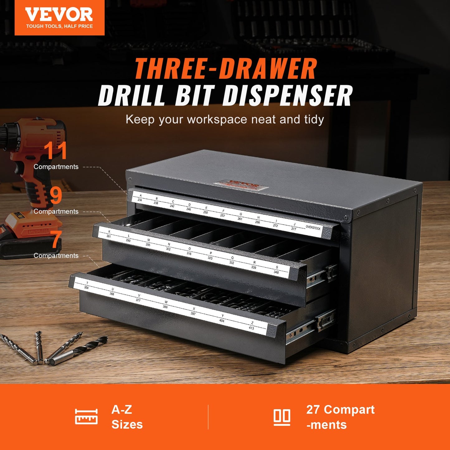 Steel Drill Bit Dispenser Cabinet with Labels - 3 Drawer Organizer for A to Z Bits